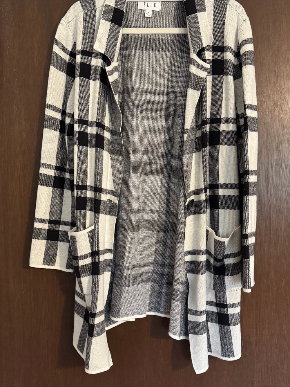 ELLE Black and Cream Plaid Open-Front Cardigan